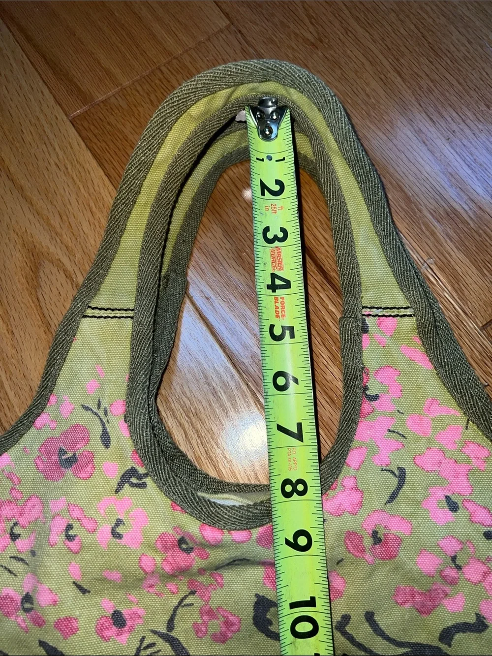 Life Is Good cherry blossoms Olive Green Canvas Tote with Pink Floral Print